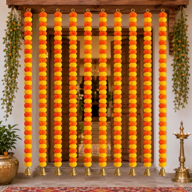 iHandikart Handmade Decorative Marigold Fluffy Artificial Garland, Size 60x2.5 inches Used for Home/Office Decoration