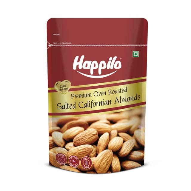 Happilo Premium Californian Almonds Roasted & Salted 200g, Dry Fruit, High Protien Snack and Super Healthy Crunchy Nuts