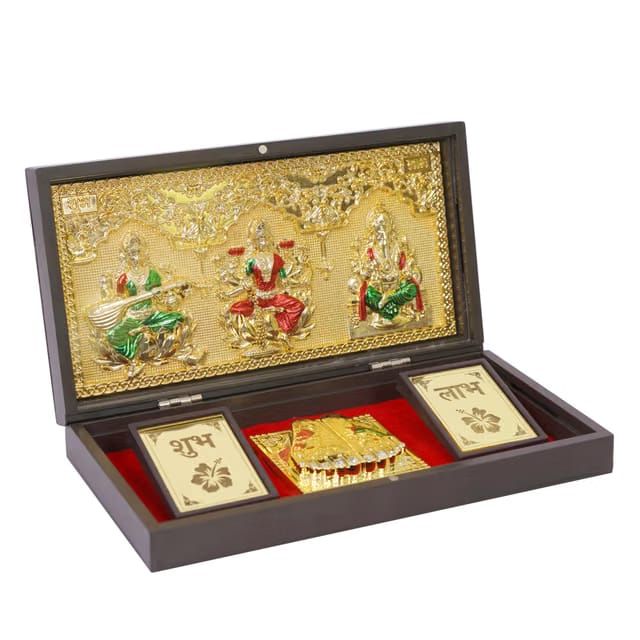 Gold-Plated Saraswati Laxmi Ganesh Rectangular Photo Frame with Charan Paduka Gift Box,Tabletop Pocket Temple for Diwali