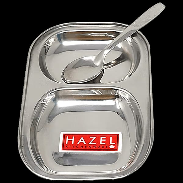 Steel Compartment/Pav Bhaji/Idli Plate With Spoon - Silver, 1 pc