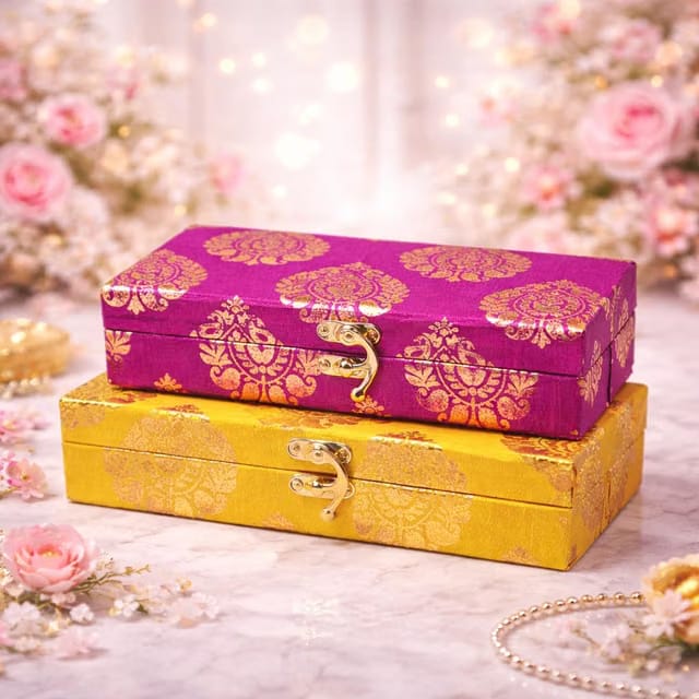 Velvet Brocade Shagun Cash Box with Golden Lock – Wedding Money Gift Box, Jewelry Storage Box