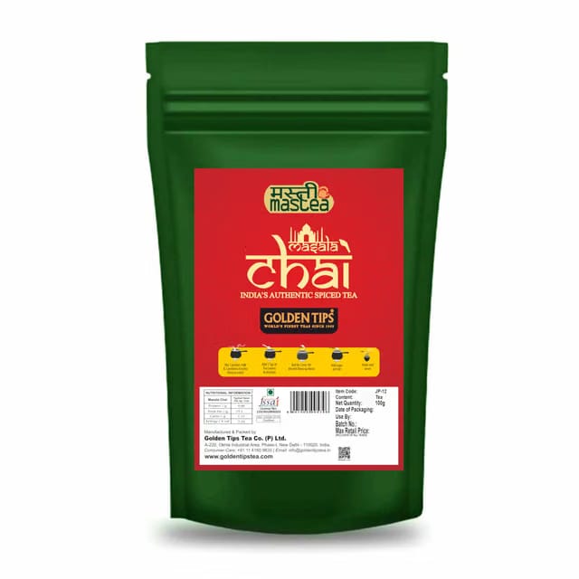 Golden Tips Indian Masala Chai, Loose Leaf Black Tea with Green Cardamom & Cinnamon, Spiced Tea Blend