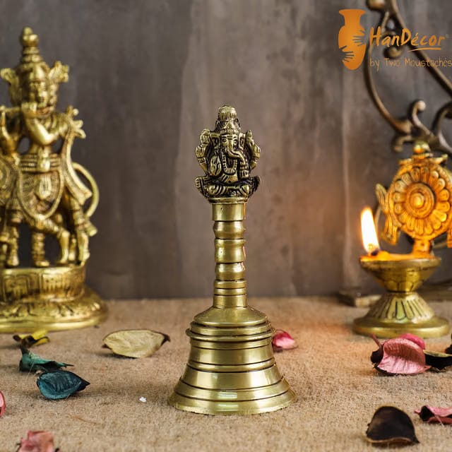 Two Moustaches 5 Inches 100% Pure Brass Pooja Hand Bell, Ghanti for Puja, Ghanti for Temple, Temple Ghanti, Aarti Bell