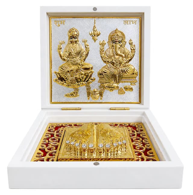 Gold Plated Shri Ganesh Laxmi Ji Pooja Box with Charan Paduka – Foldable Spiritual Decorative Gift|Ideal for Home