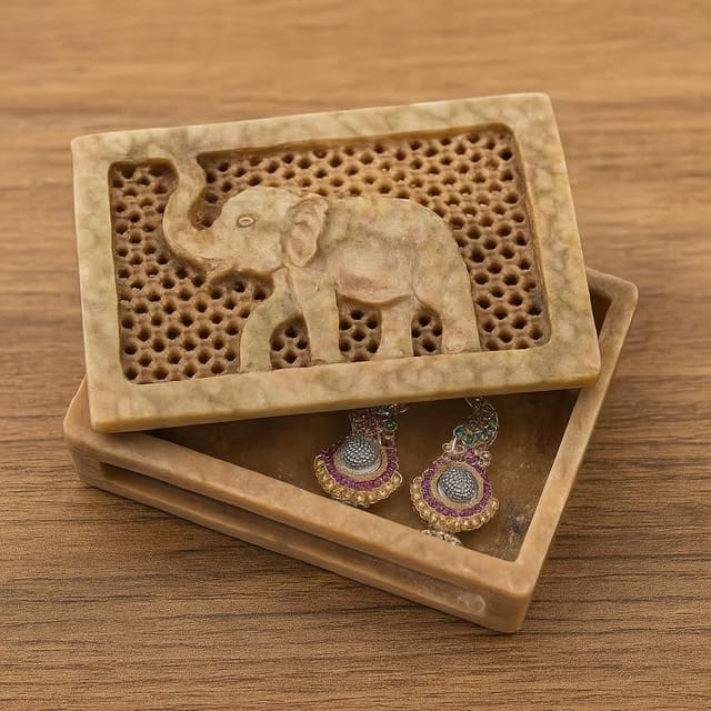 VR SOURCING Handcrafted Marble Jewellery Box with Intricate Elephant Carving and Jali Work |Decorative Storage box For