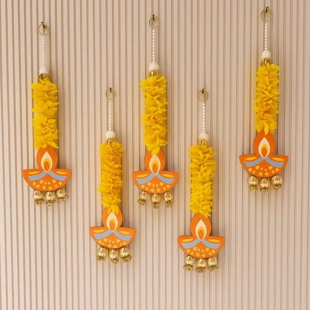 Jasmine Flower Hangings Set of 5 with MDF Diya (15 Inch) – Diwali Decoration Items for Home, Temple, Pooja, Mandir