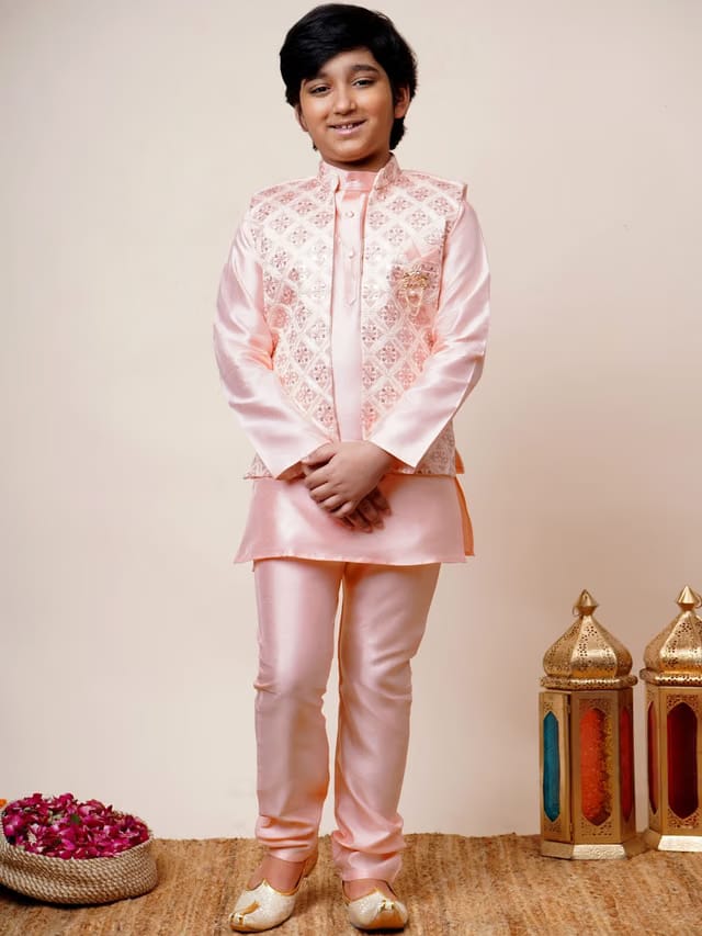 Boys Embroidered Regular Sequinned Kurta With Pyjamas Cotton Set
