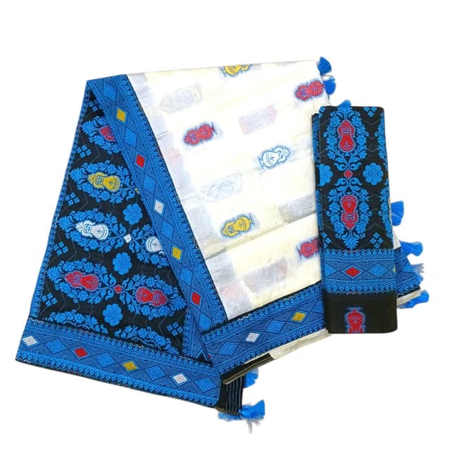 Traditional Assamese Muga Silk Jura Saree, Black and White with Blue Floral Border