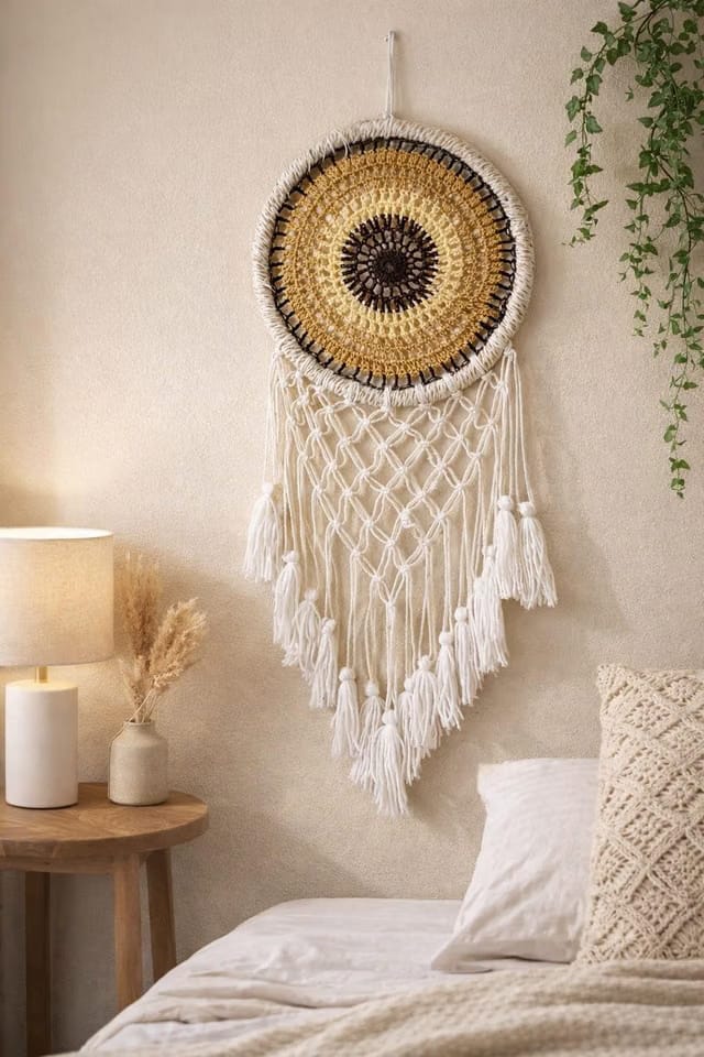 Boho Macrame Dream Catcher Wall Hanging – Handmade Crochet Dreamcatcher with Tassels – Bohemian Home Décor for Bedroom
