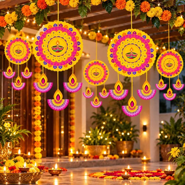 Happy Diwali Hanging Deepak Rangoli Ceiling Decoration Set of 5