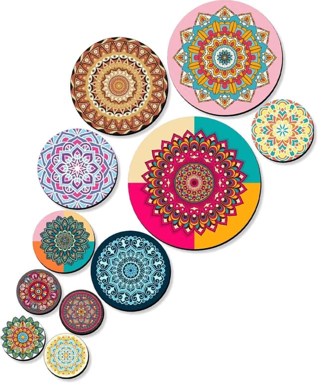Mandala Wall Art Set of 11 Multicolor Round Wooden MDF Decorative Panels