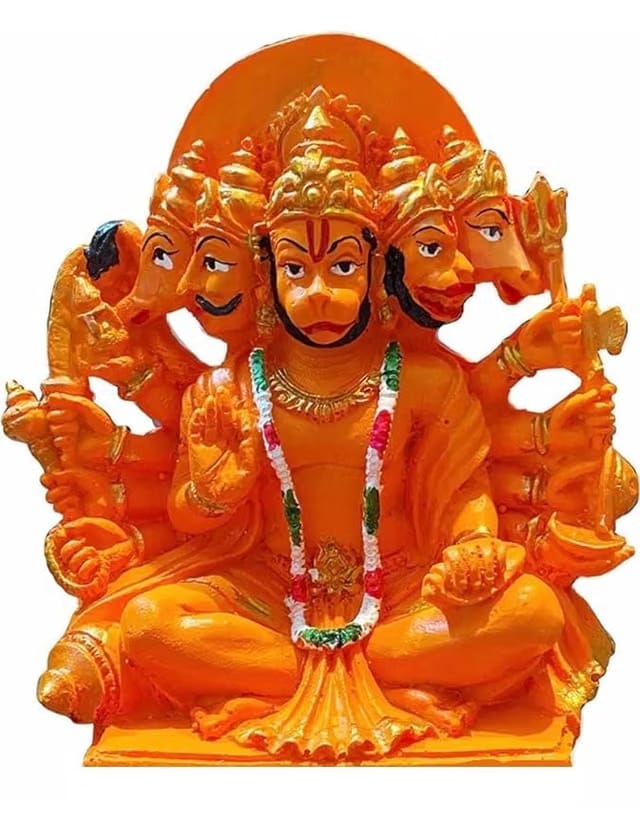 Resin Panchmukhi Hanuman Idol- Bajarang Bali Statue In Sinduri Color
