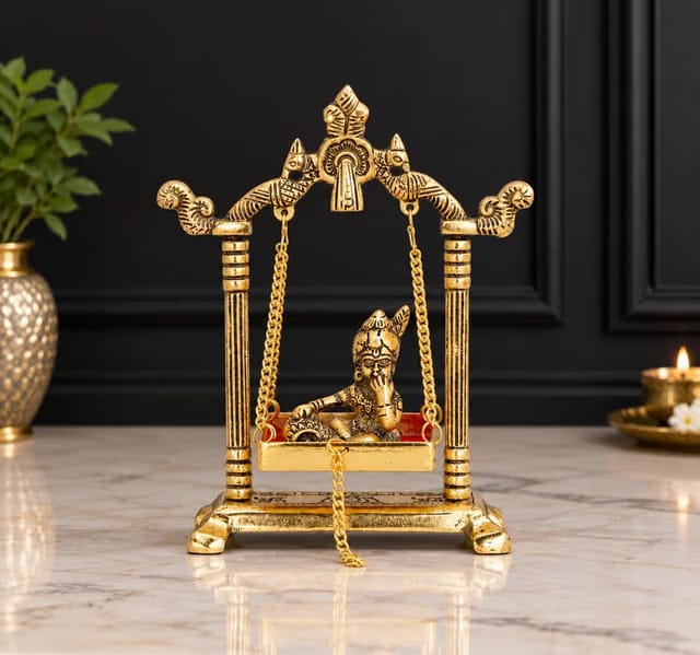 KridayKraft Laddu Gopal Jhula Palna, Gold Finish Metal Krishna Idol for Home Mandir, Pooja Room Decoration