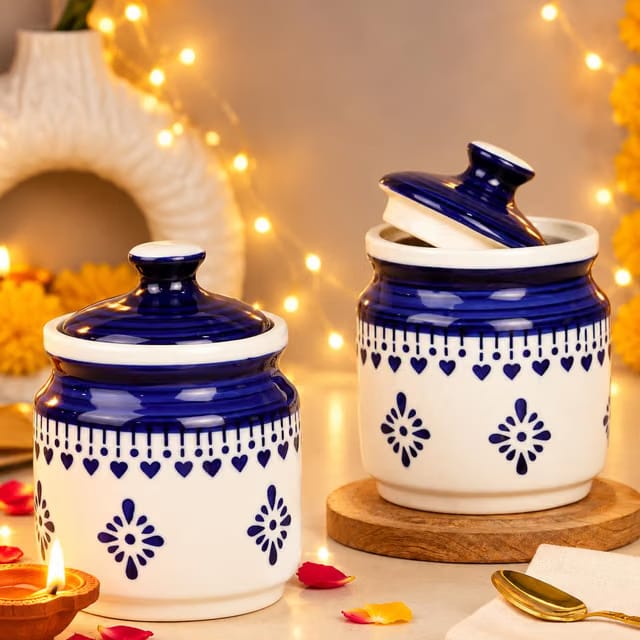 Blue Drape Ceramic Jars for Kitchen Storage 600ML Each