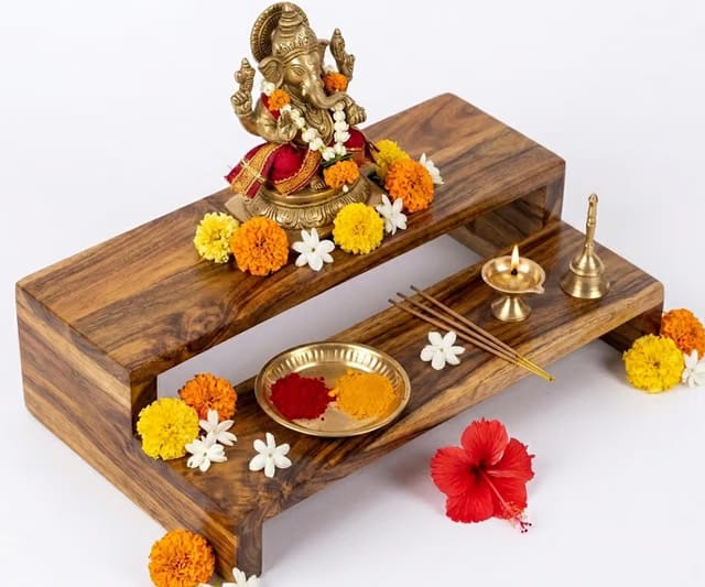 Acacia Wood Pooja Chowki for Home Temple Wooden Bajot Chowki for Sitting-12x7Inch
