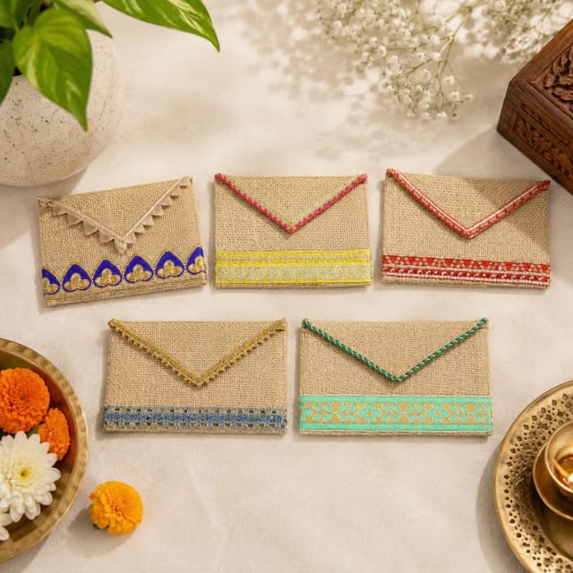 Saras Aajeevika 5 Pc Handcrafted Jute Shagun Envelopes - 7 x 3.5 Inch |Designer Fancy Cash Money Gifting Button Closure