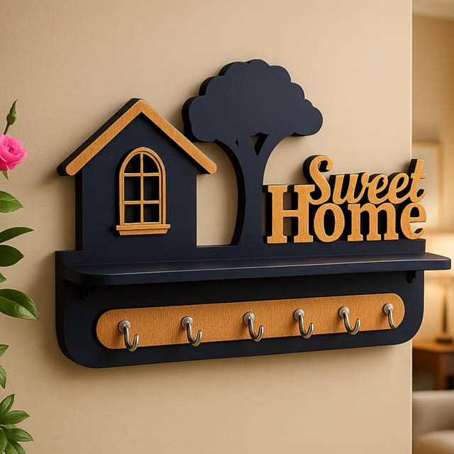 Premium 3D Wooden Key Holder with 6 Stainless Steel Hooks for Living Room Wall Decor