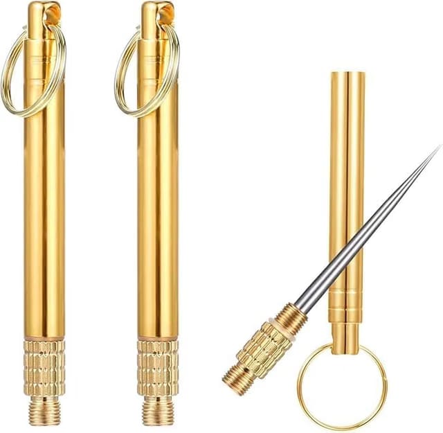 Portable Metal Toothpick Keychain, Gold Brass with Stainless Steel Tip, Multipurpose Food Pick