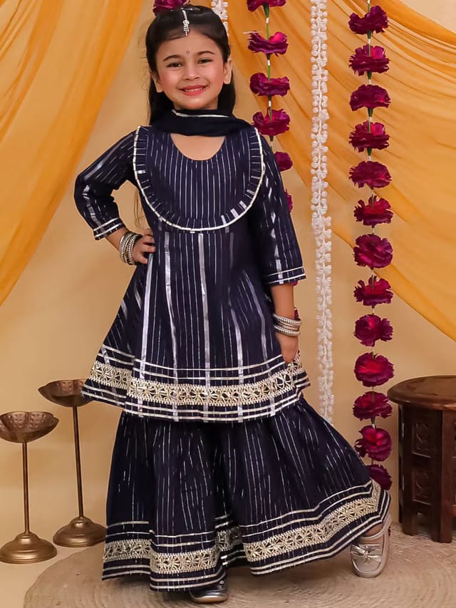 Girls Blue Striped Cotton A-Line Kurti with Sharara & Dupatta Sleeveless Kurta Set