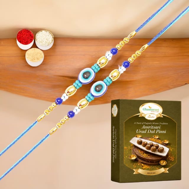 Ghasitaram Gifts Jaiccha Set of 2 - N-156 Evil Eye Fancy Rakhi with 200 gms of Pinni
