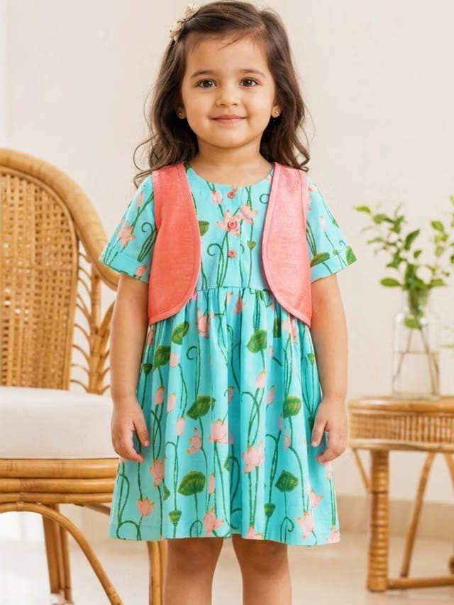 Campana Girls Printed Pure Cotton Round Neck Fit & Flare Knee Length Dress