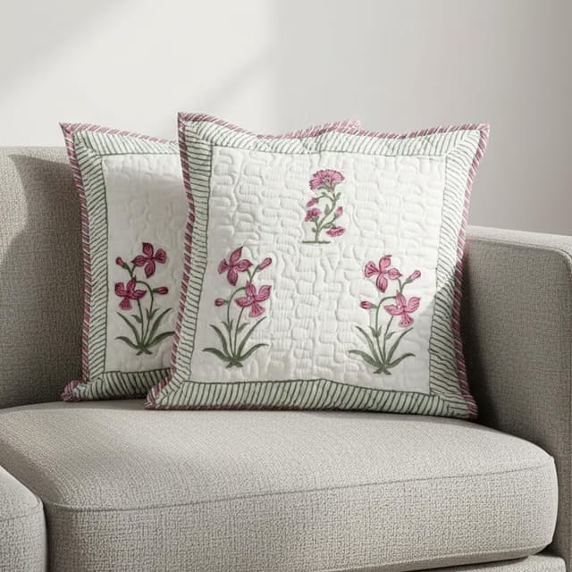 HOMEMONDE Quilted 16 X 16 Inches Soft Throw Cushion Cover - Pack Of 2 Jaipuri Hand Block Print Cotton Pillow Covers