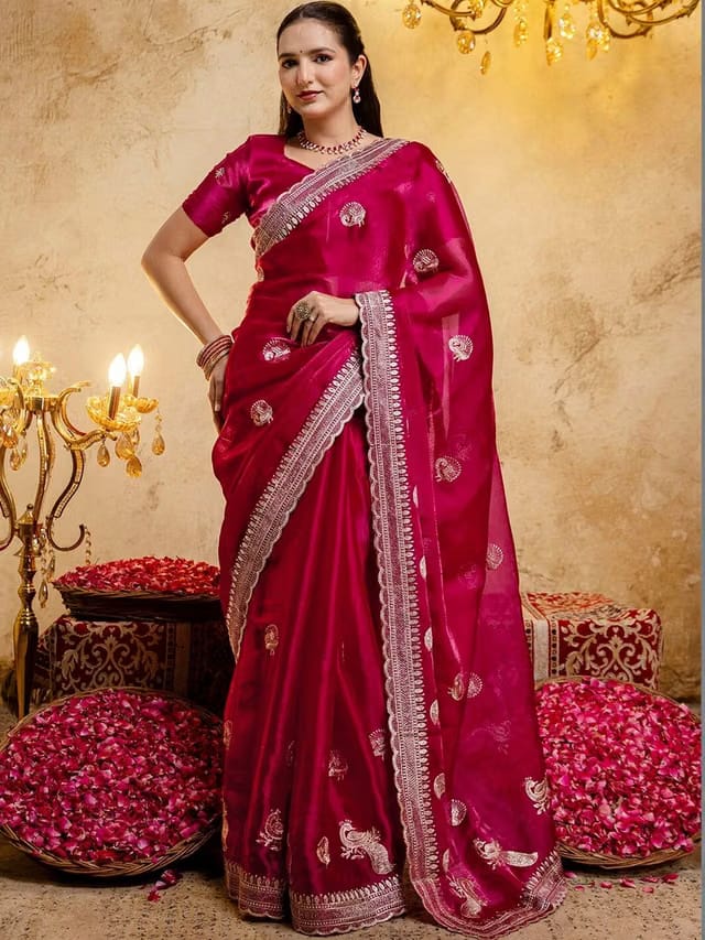 Ethnic Motifs Zari Poly Chiffon Fusion Saree