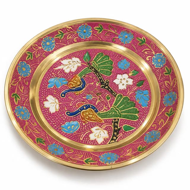 Peacock Floral Meenakari Decorative Plate for Pooja and Festive Decor