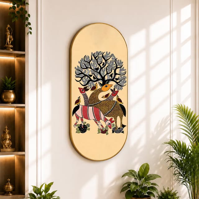 Traditional Gond Wall Art Painting for Living Room, Tribal Folk Art Deer & Birds