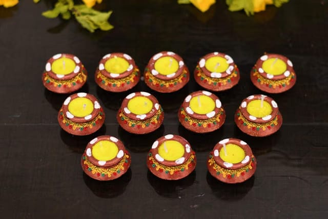 Collectible India 12 Diwali Diya Colorful Handmade Earthen Clay Handpainted Diyas for Diwali Pooja Festival Decoration