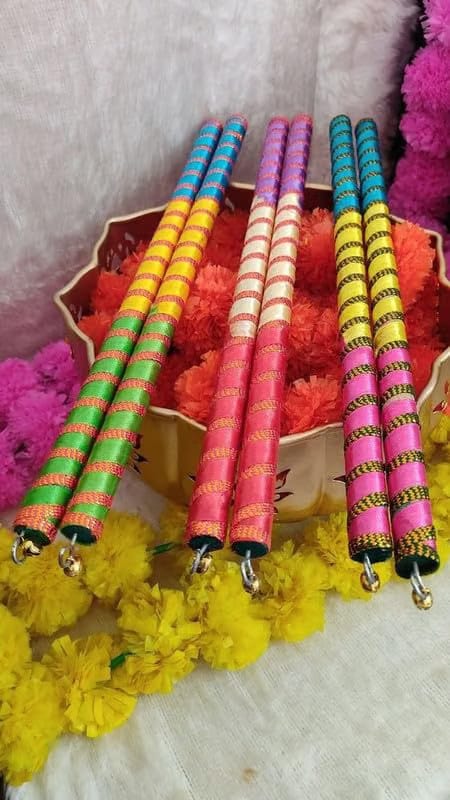 Wooden Traditional Printed Wooden Dandiya Sticks for Navratri Garba Dance Stick Multicolor for Garba Night Pair of 3