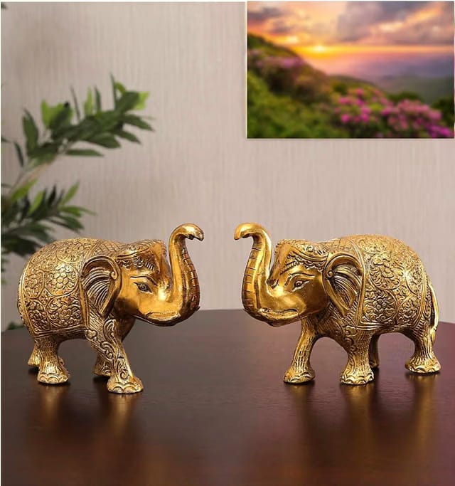 Premium Brass Elephant Figurine Set, Decorative Pair with Intricate Design, 16 x 10 x 7 cm Home Decor
