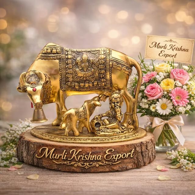 Murli Krishna kamdhenu Cow with Calf Metal Krishna with Religious Kamdhenu Cow with Calf Handmade Handicraft for Home