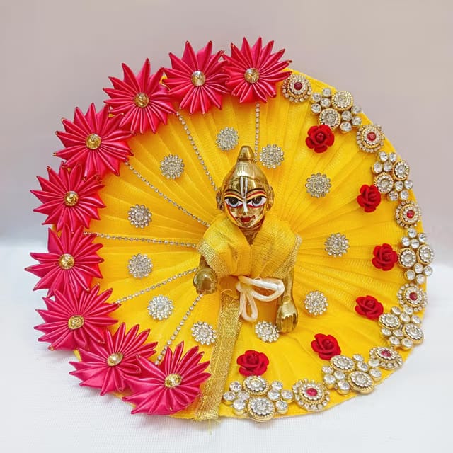 98.Bright Yellow laddu Gopal Fancy Dress with red Flowers (6 No.)