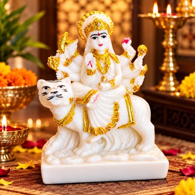Marble Sherawali Mata Idol 14 cm, Maa Durga Murti with White & Golden Finish, Navratri Puja Idol for Home Temple