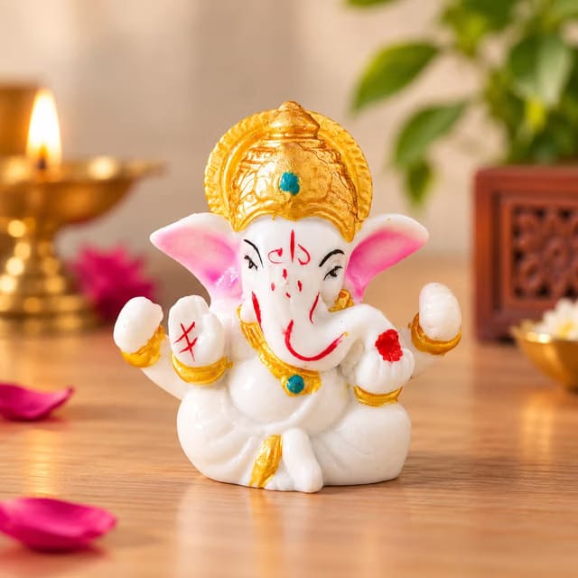 White Resin Lord Ganesha Idol with Golden Mukut