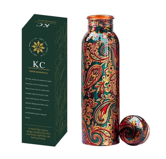 KC Pure Copper Designer Water Bottle with Leak Proof Protection, Ayurveda and Yoga Health Benefits With Lacqure Coating