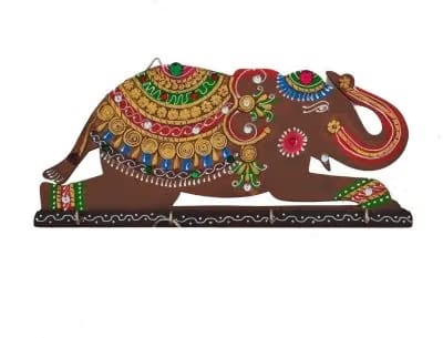 Papier Mache Elephant Wood, Ceramic Key Holder (4 Hooks, Multicolor)