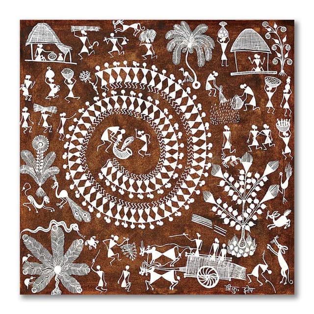 Tamatina Warli Art Canvas Painting-Celebration in Tribal Village-Tribal Art