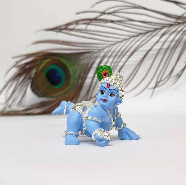 Gold Art India Silver Plated Laddu Gopal Idol with Blue Terracotta Lord Krishna/Bal Gopal/Thakur Ji Murti