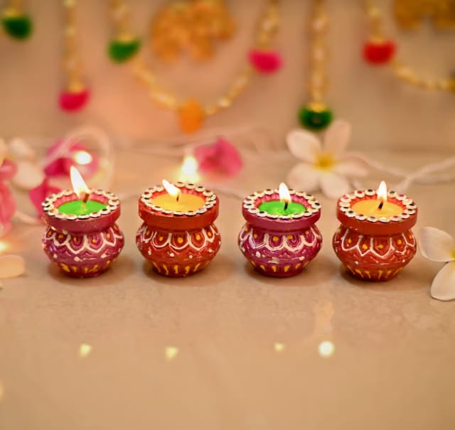Collectible India Wax Candle Diya for Diwali Gift Pooja Decoration – Handpainted Clay Diya for Decoration Pooja