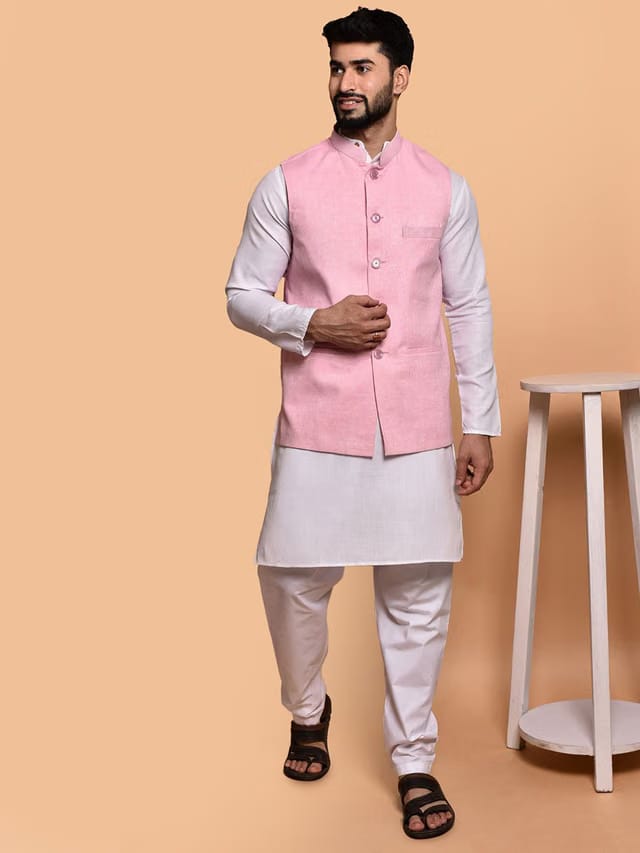 PRINTINDIA Mandarin Collar Pure Cotton Straight Kurta With Pyjamas & Nehru jacket