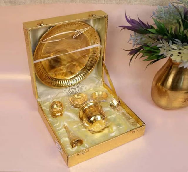 DSH Pure Brass Pooja Thali Plate Set of 7 Special Puja Thali For Diwali Pooja Daily Home Mandir And Diwali Gifting