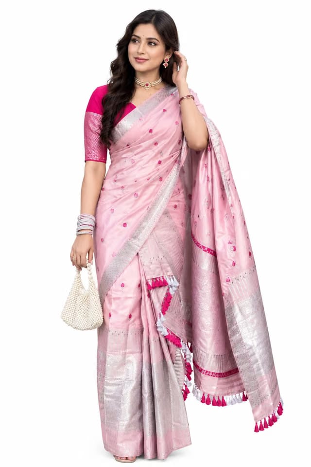 Poly Pat Assamese Mekhela Chador Pink Beautiful Color Special Design For Durga Pooja.(NOT SAREEE)
