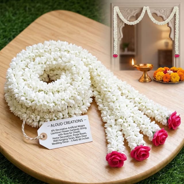 ALOUD CREATIONS 6Pc Decorative Artificial Mogra (Jasmine) Flower Garlands String with Rose for Diwali, Home Decoration