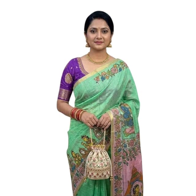 Green Tussar Silk Saree with Kalamkari Print Border