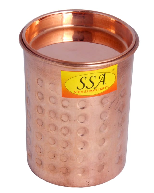 SHIV SHAKTI ARTS® Pure Copper Glass Tumbler Cup, Hammered Design for Drinking Serving Water - with Lid, (1 Pc = Vol