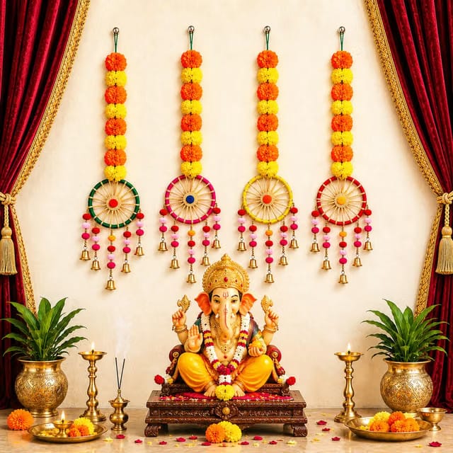 TIED RIBBONS Set of 4 Artificial Marigold Flowers Garland Wall Door Hanging Toran with Bells Rajasthani Traditional