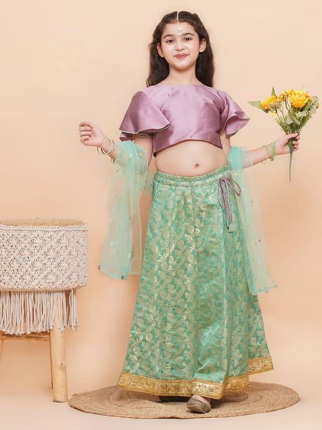 Girls Red Floral Woven Design Ready to Wear Lehenga & Blouse With Dupatta