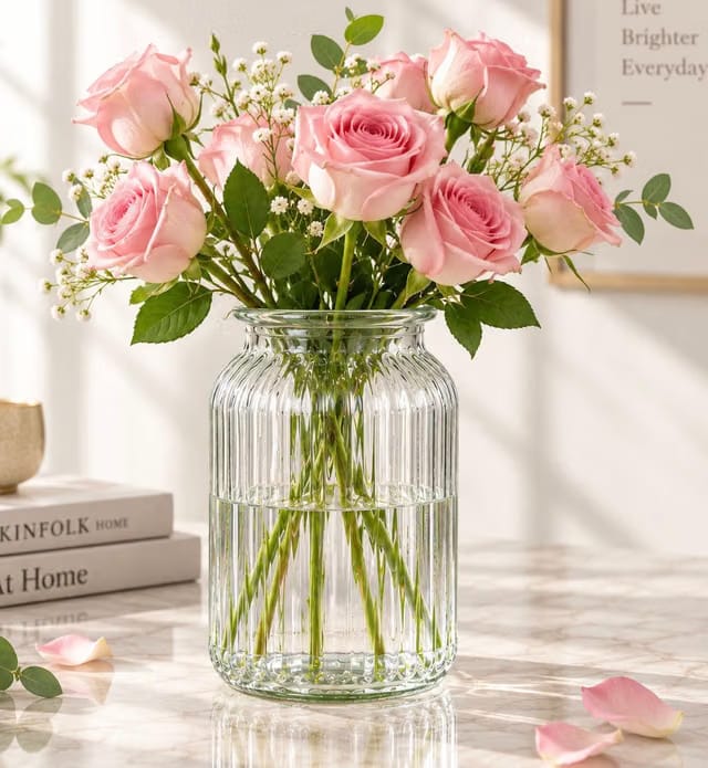 Ribbed Glass Flower Vase for Home Décor